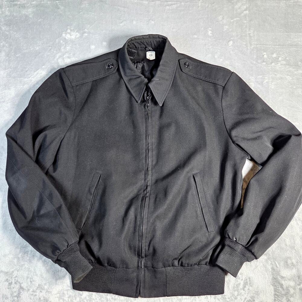 Vtg Military Bomber Jacket Mens 42R Black Poplin Lightweight Zip Epaulettes 80's